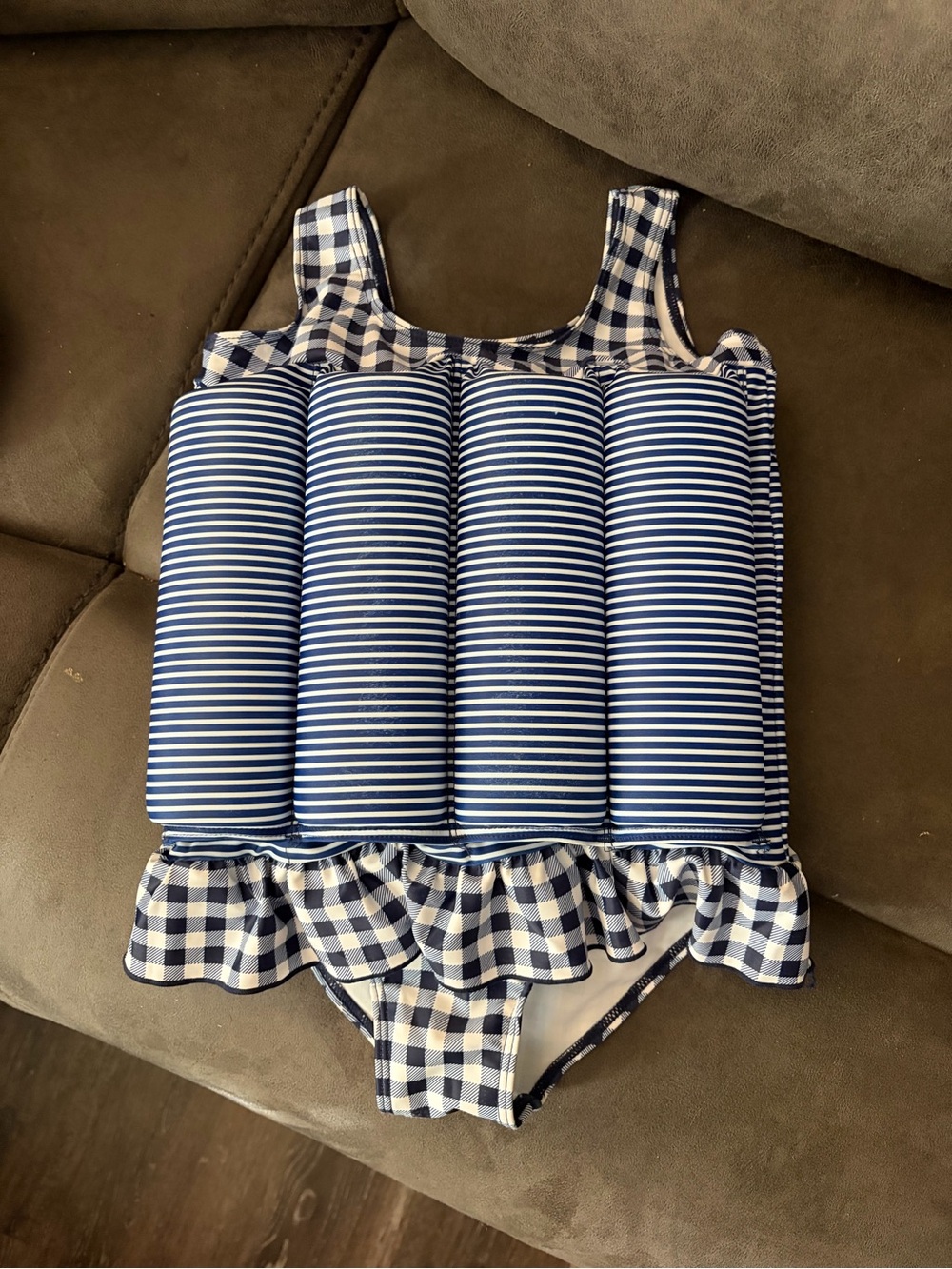 Kids Navy Stripe Float Swimsuit with Gingham Ruffle